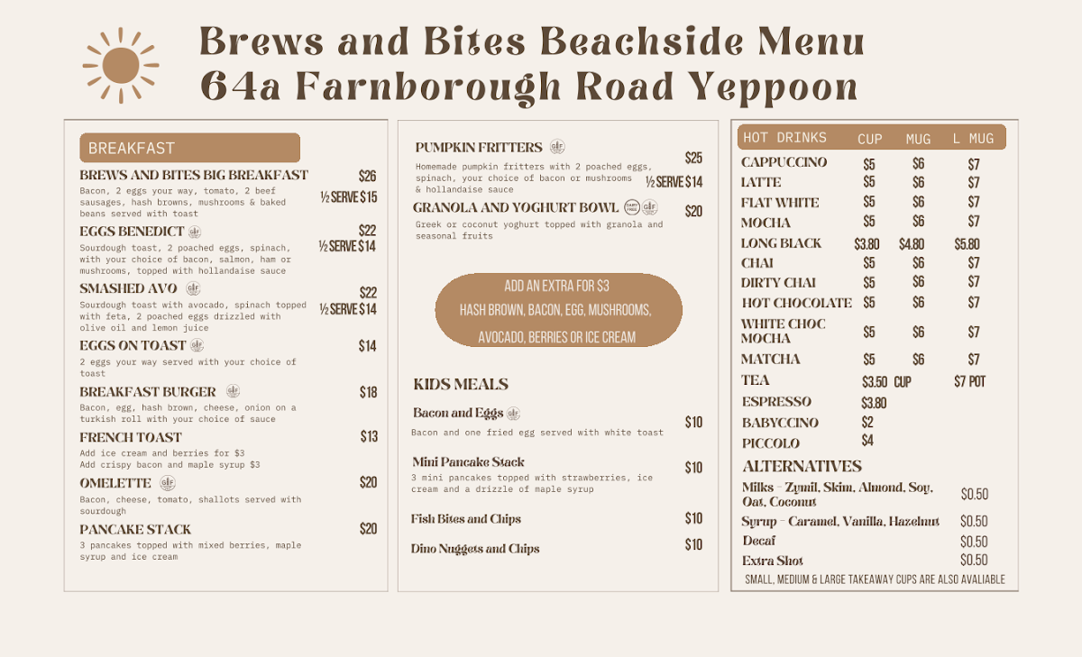 Menu, Brews & Bites Beachside Cafe