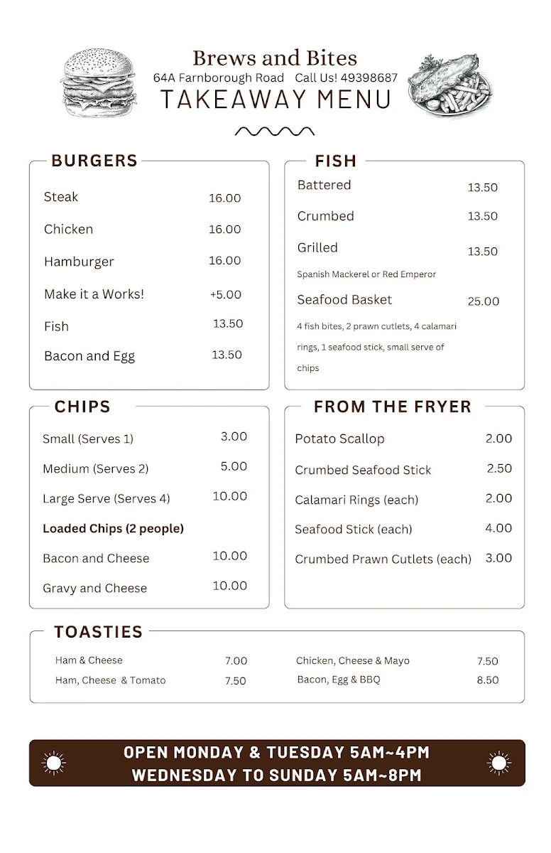Menu, Brews & Bites Beachside Cafe
