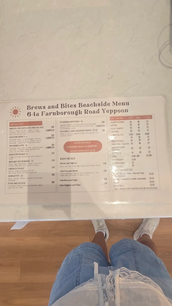 Menu, Brews & Bites Beachside Cafe