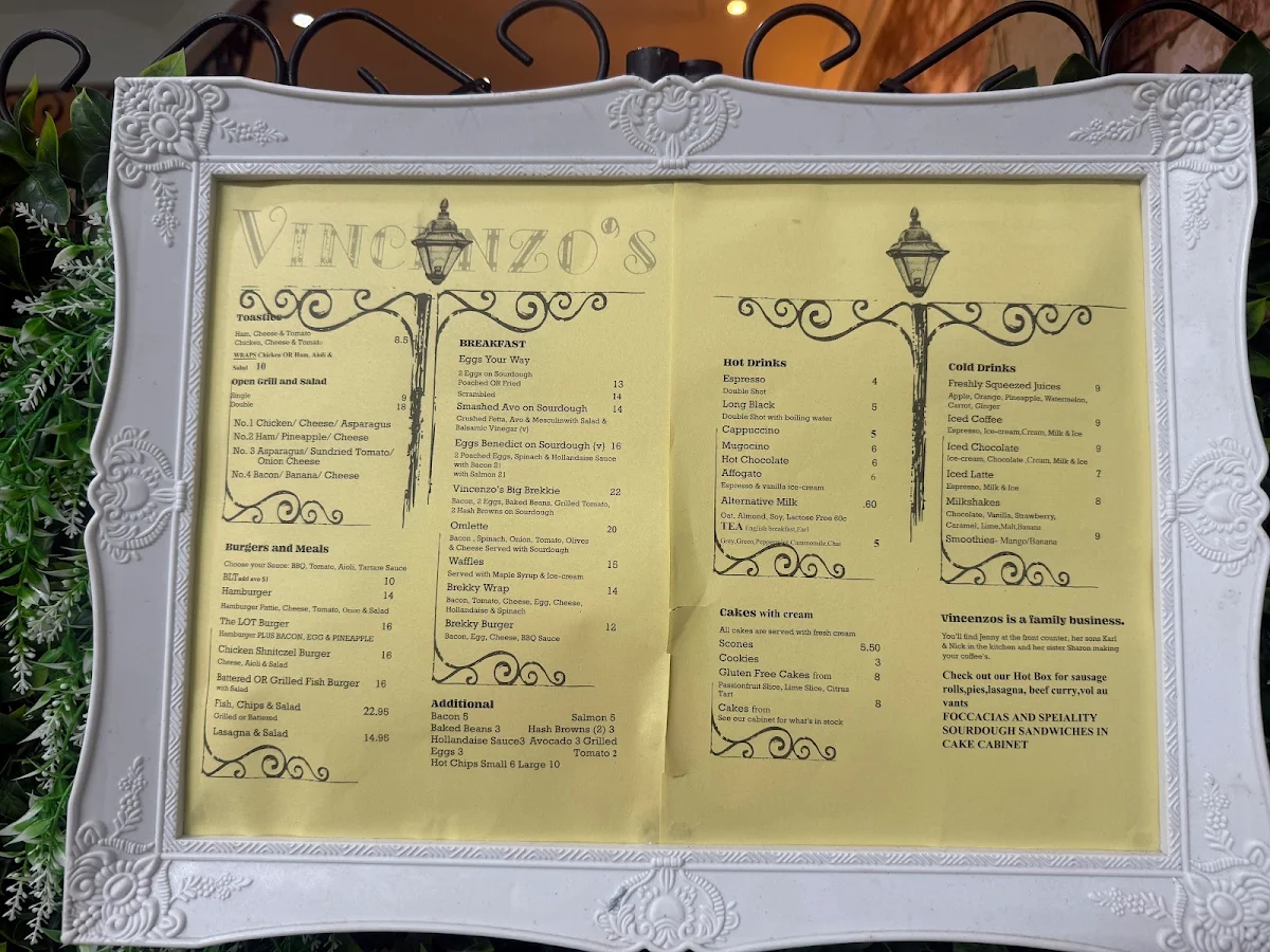Menu, Vincenzo's Coffee Lounge