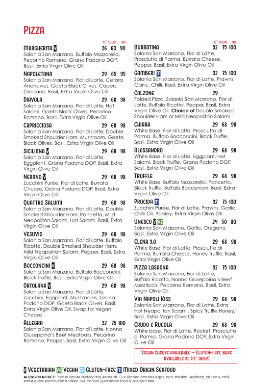 Menu, Via Napoli Pizzeria Lane Cove