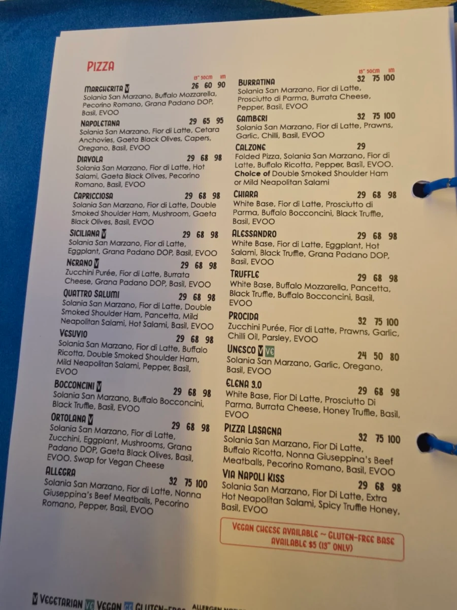 Menu, Via Napoli Pizzeria Lane Cove