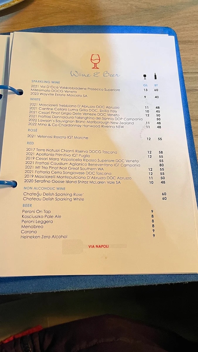 Menu, Via Napoli Pizzeria Lane Cove