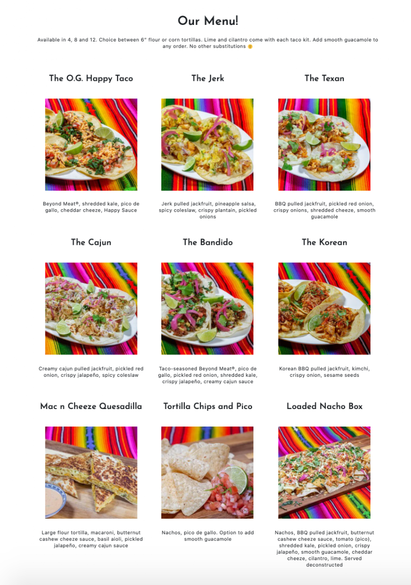 Menu, Happy Taco (located inside Eva's Original)