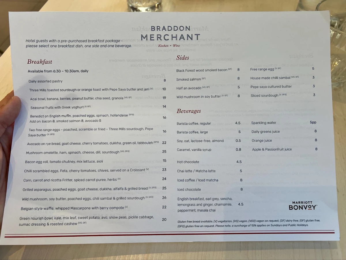 Menu, Braddon Merchant