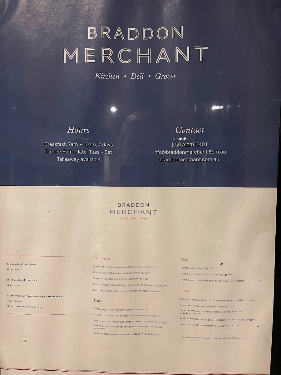Menu, Braddon Merchant