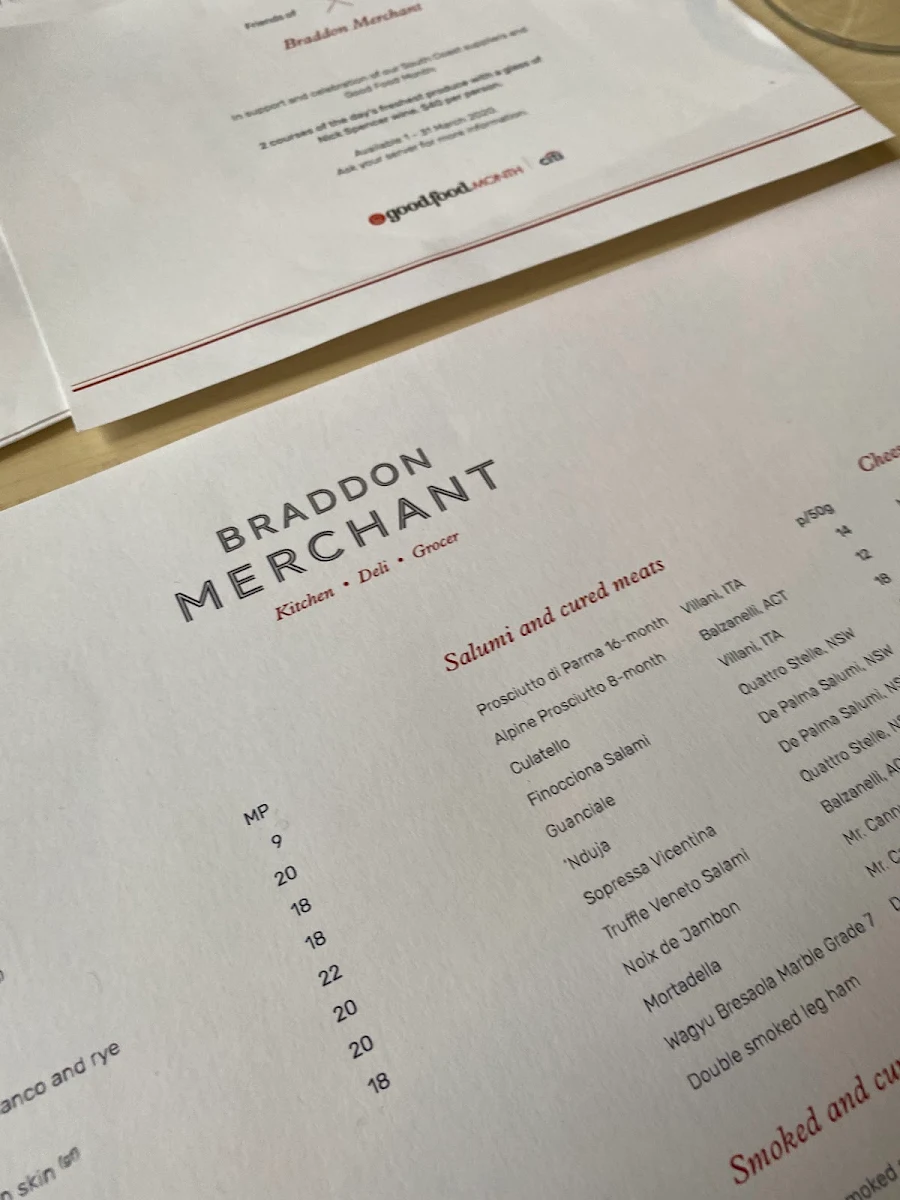 Menu, Braddon Merchant