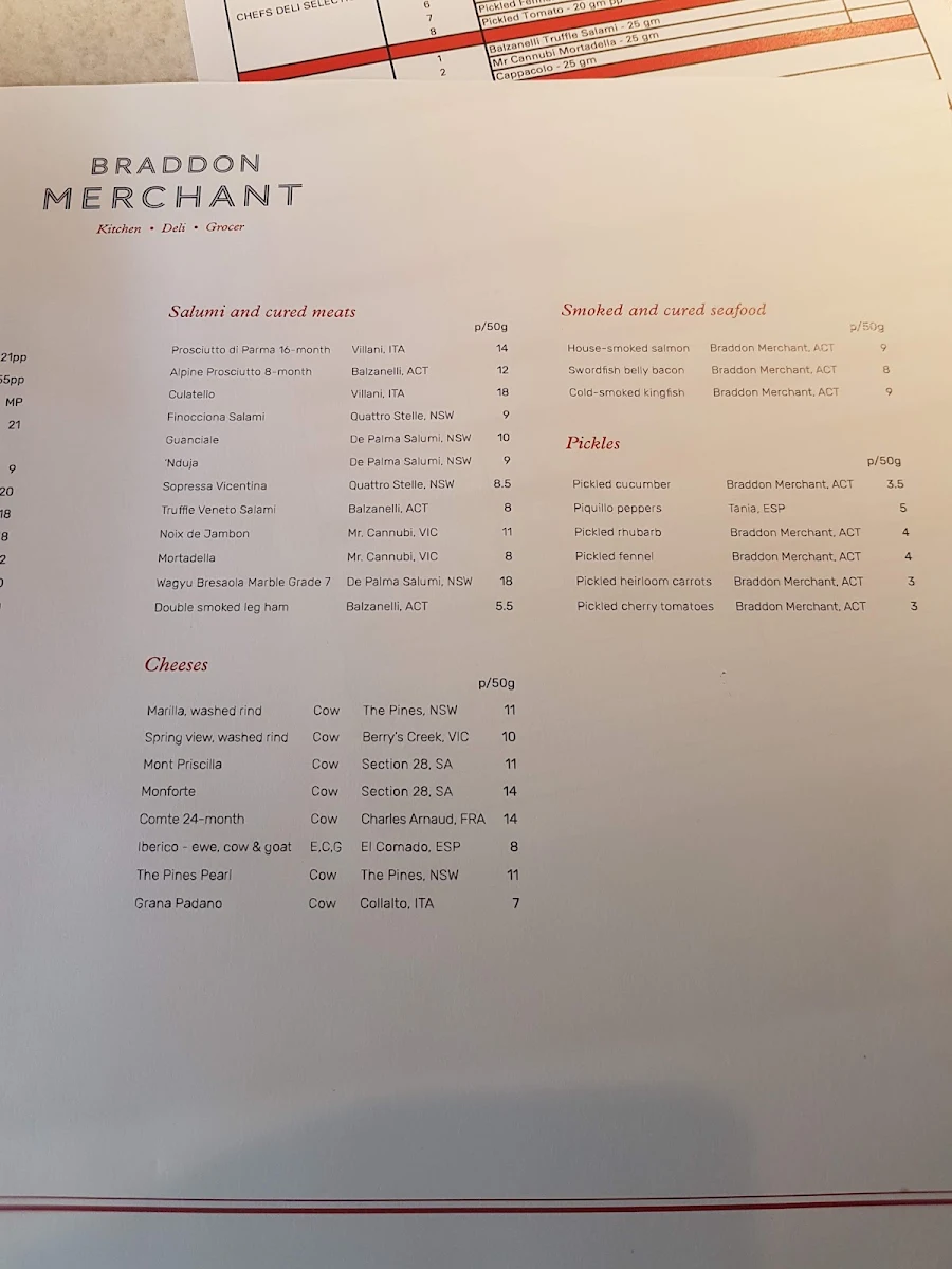Menu, Braddon Merchant