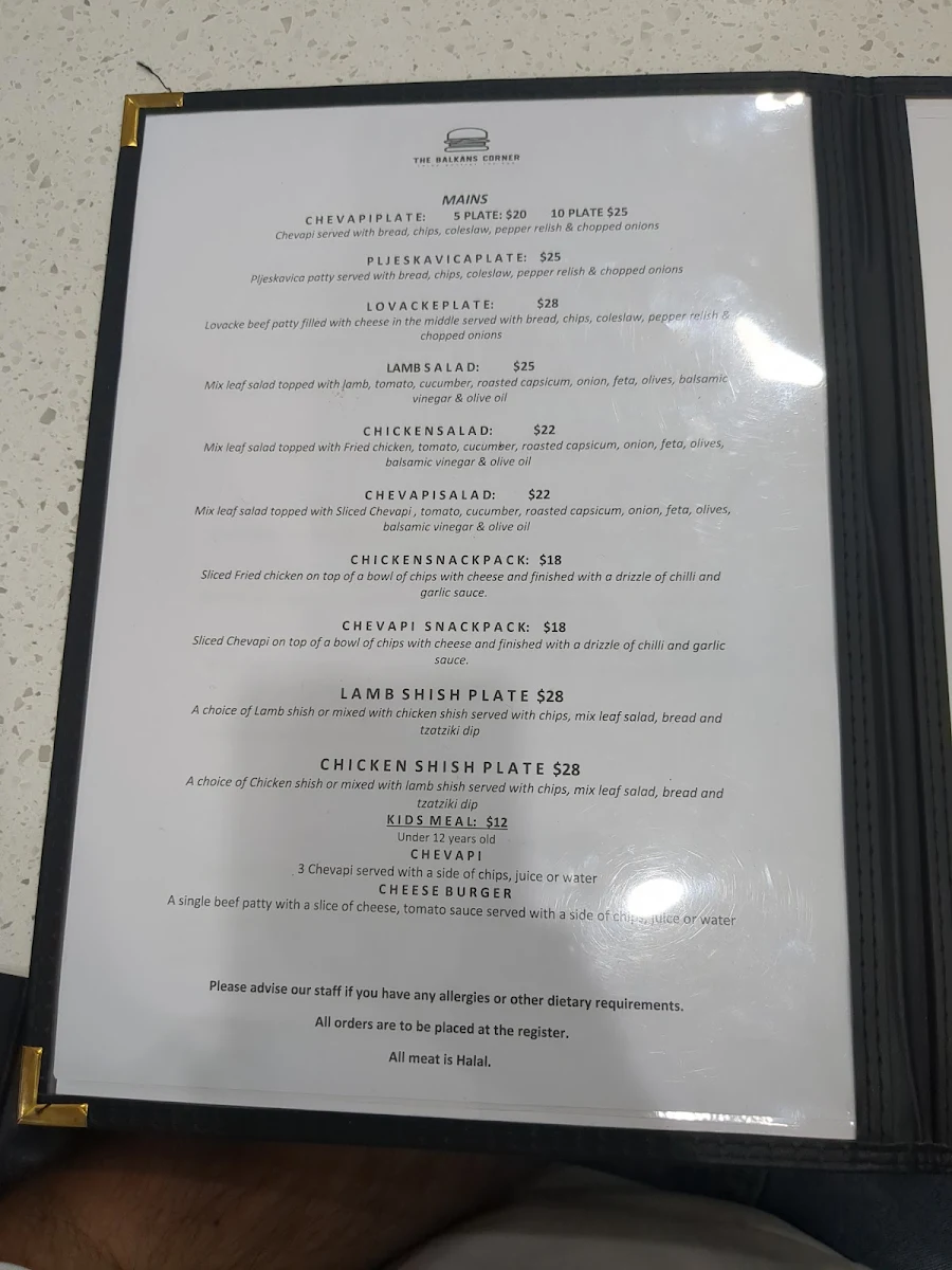 Menu, The Balkans Corner