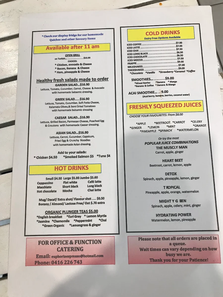 Menu, Euphoria Espresso (Laverdrive) Robina