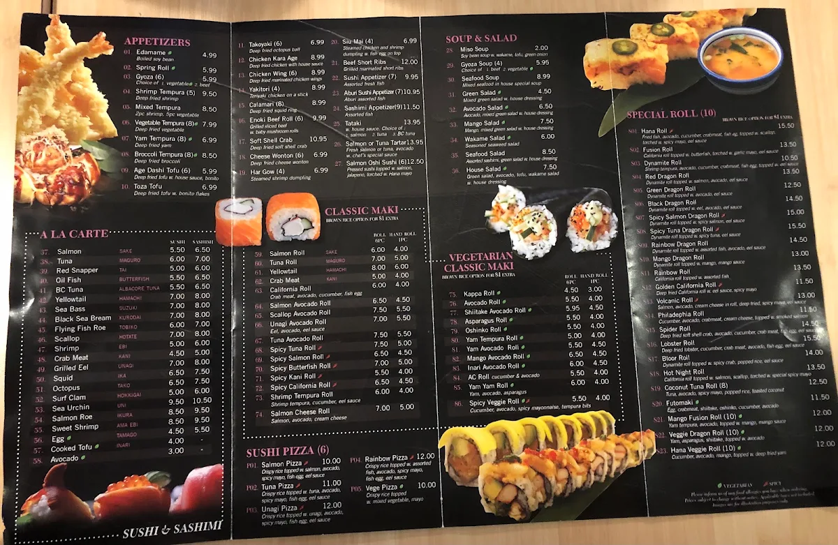 Menu, Hana Sushi