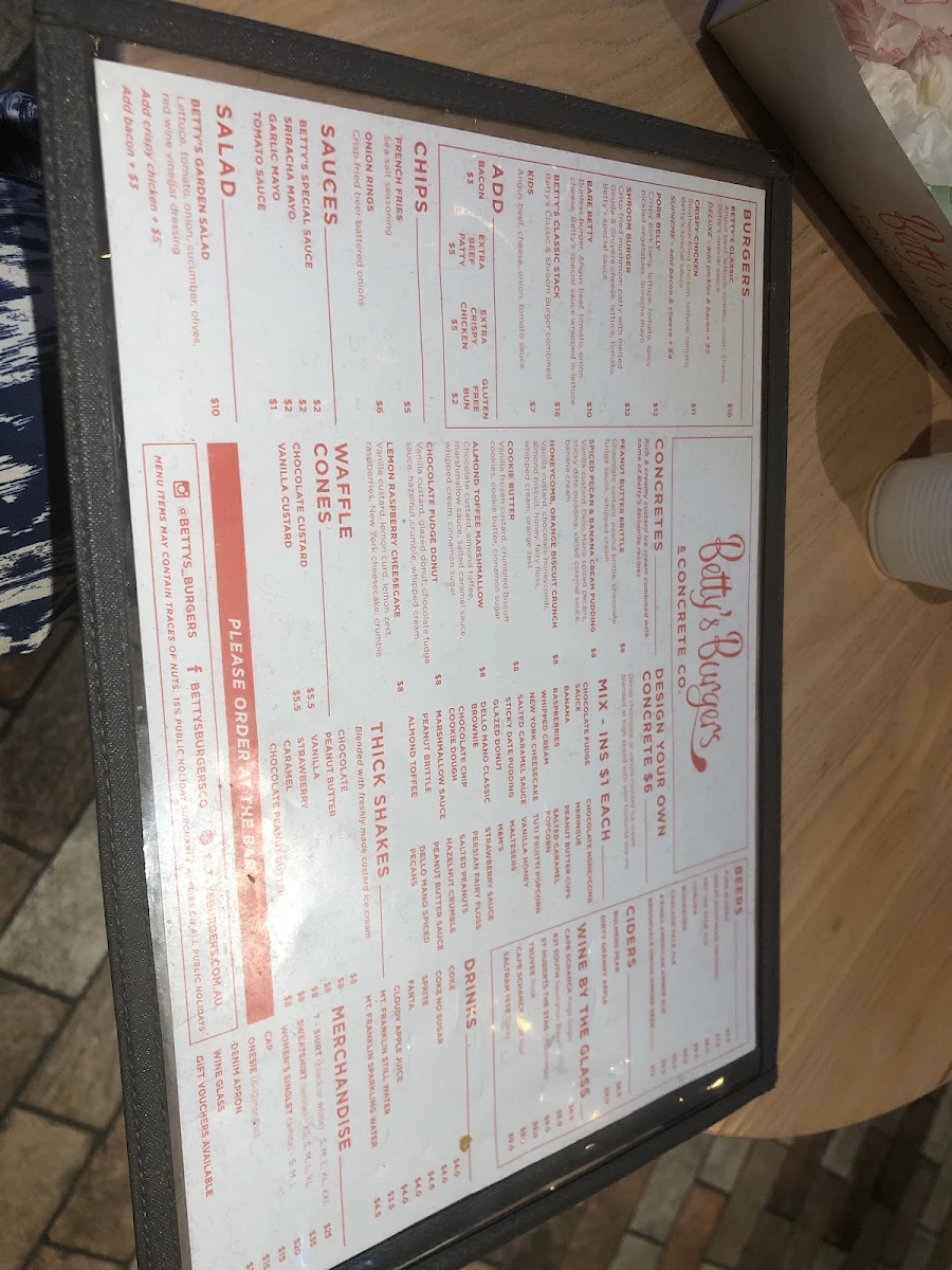 Menu, Betty's Burgers