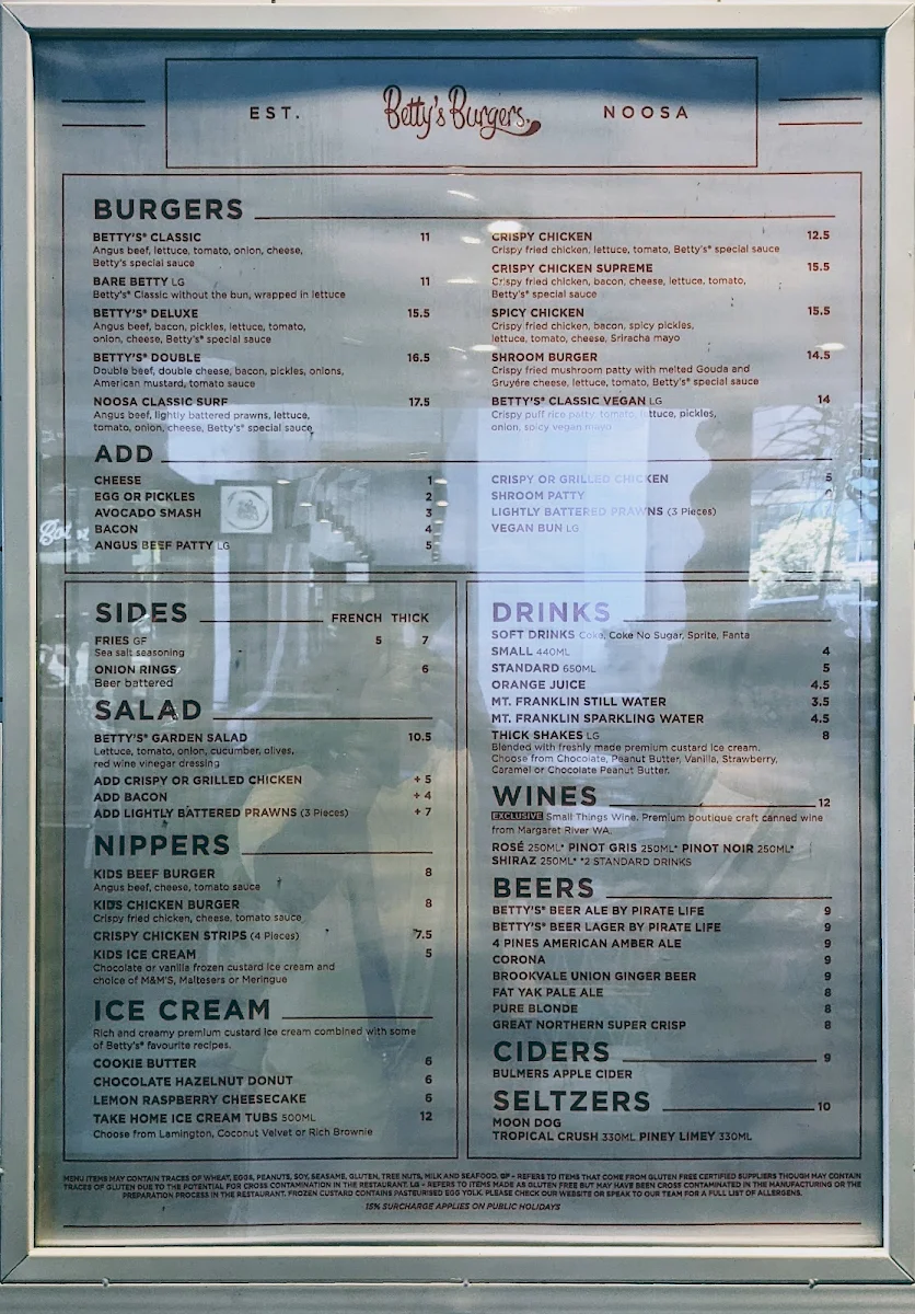 Menu, Betty's Burgers