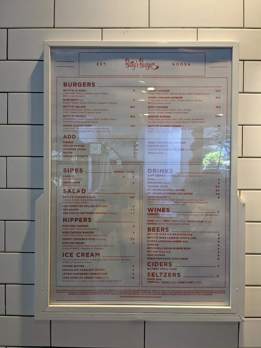 Menu, Betty's Burgers