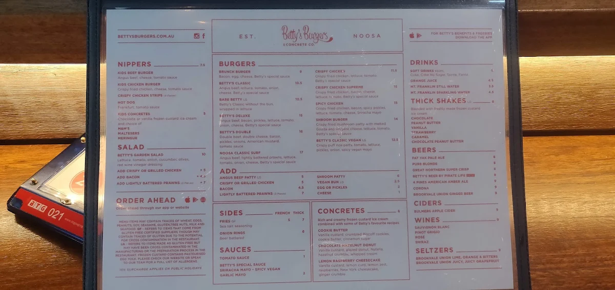 Menu, Betty's Burgers