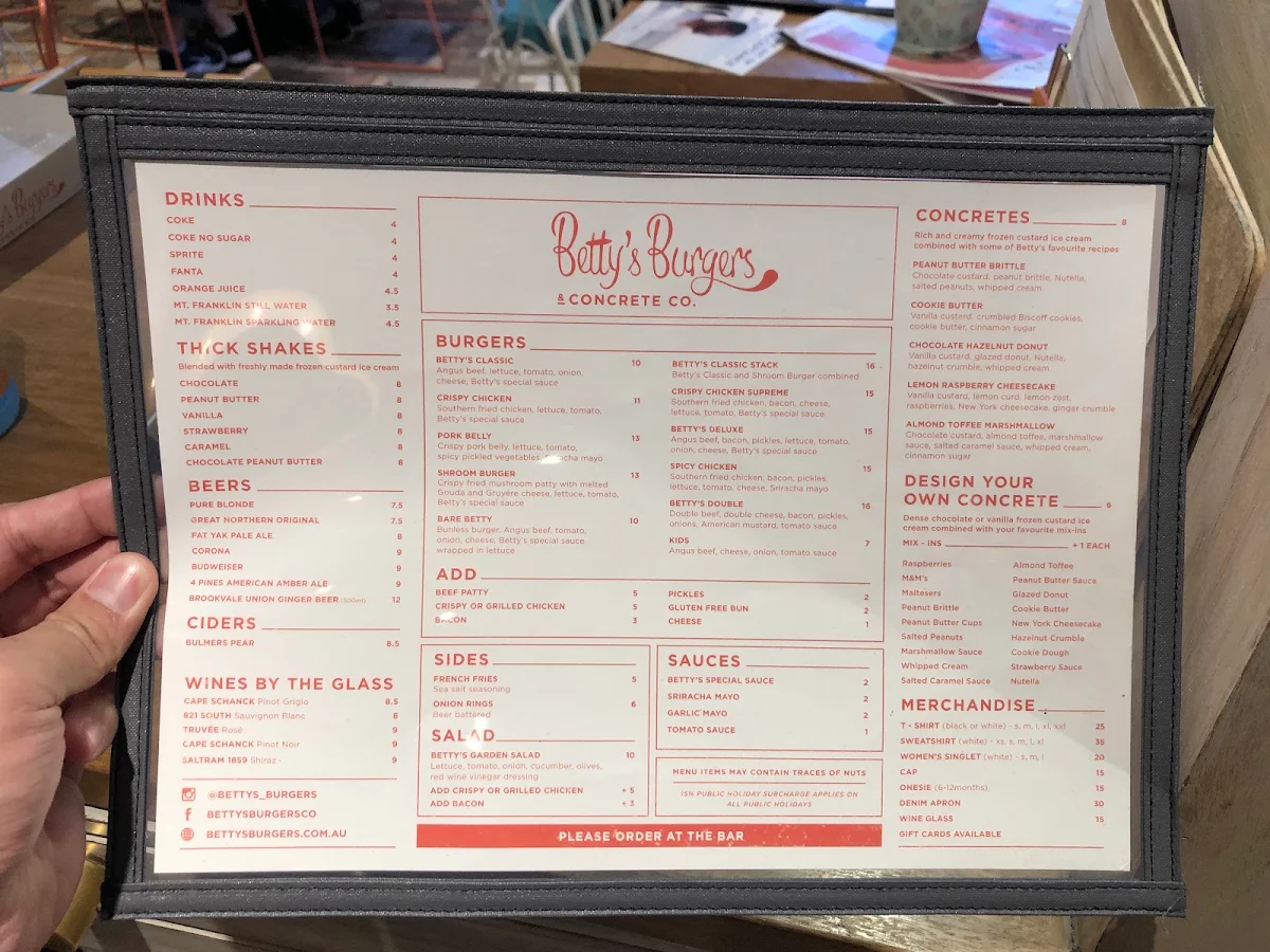 Menu, Betty's Burgers