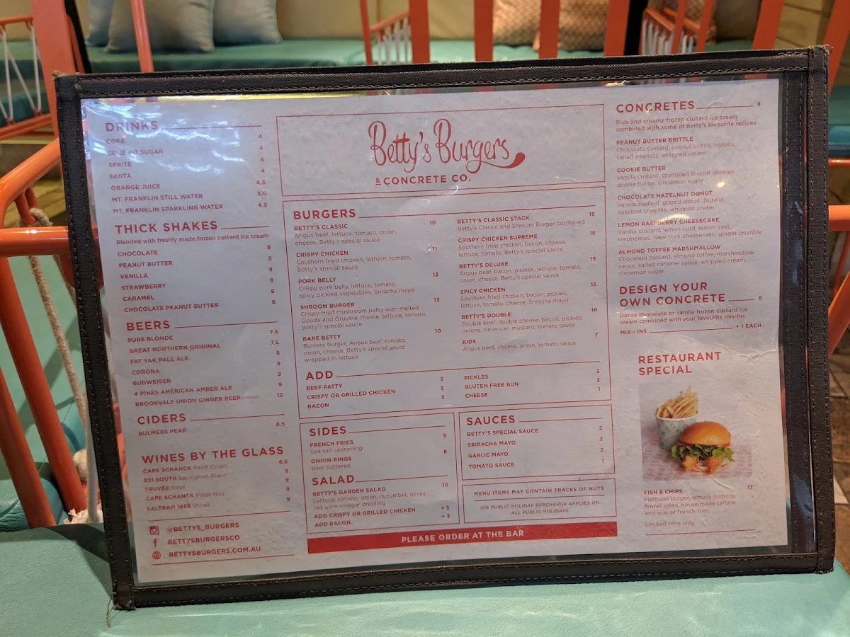 Menu, Betty's Burgers