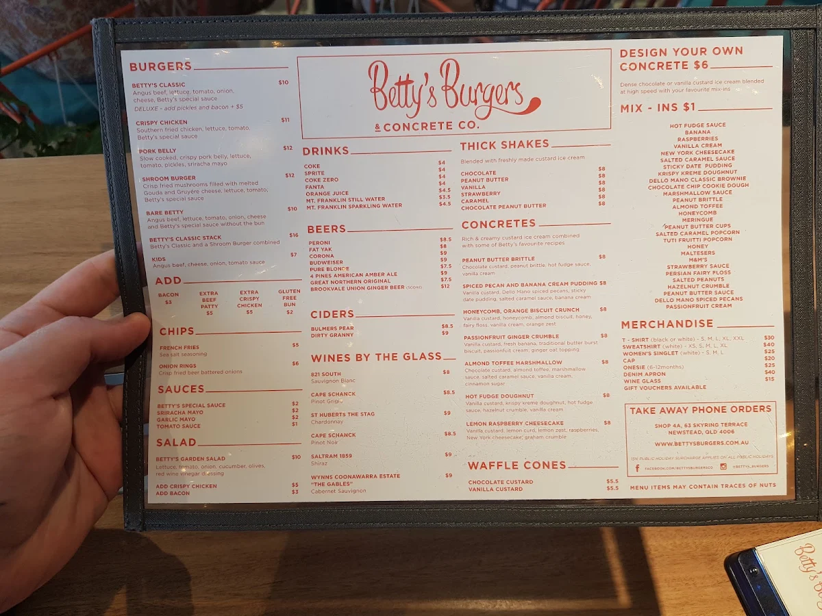Menu, Betty's Burgers