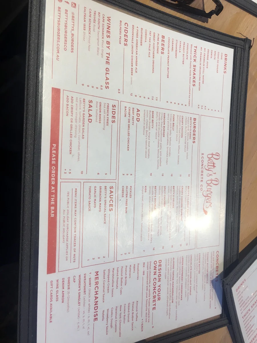 Menu, Betty's Burgers
