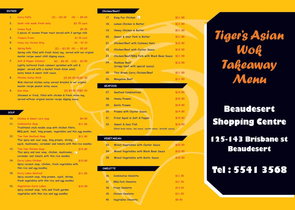 Menu, Githabul Tigers Asian Wok Beaudesert.