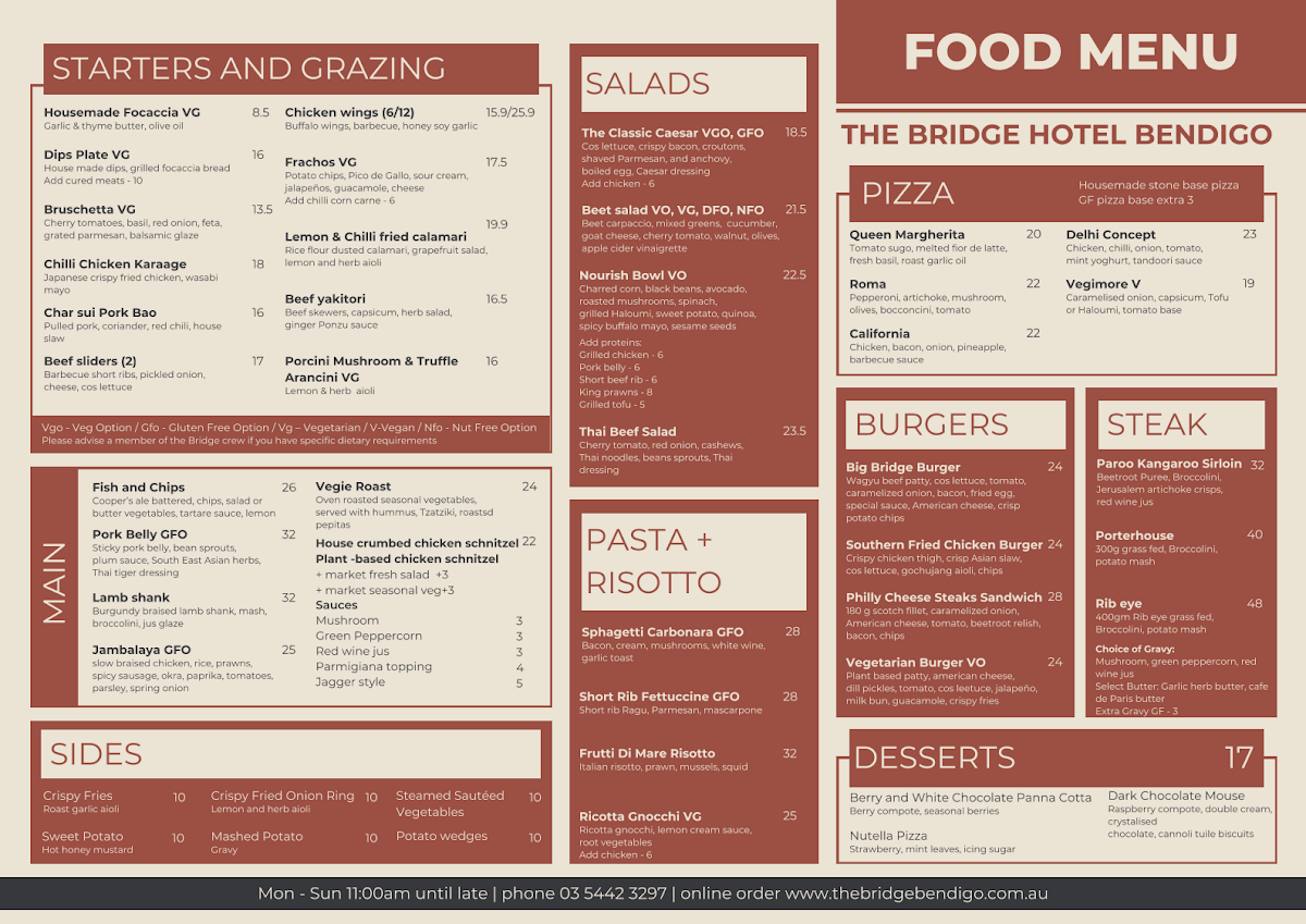 Menu, The Bridge Hotel Bendigo