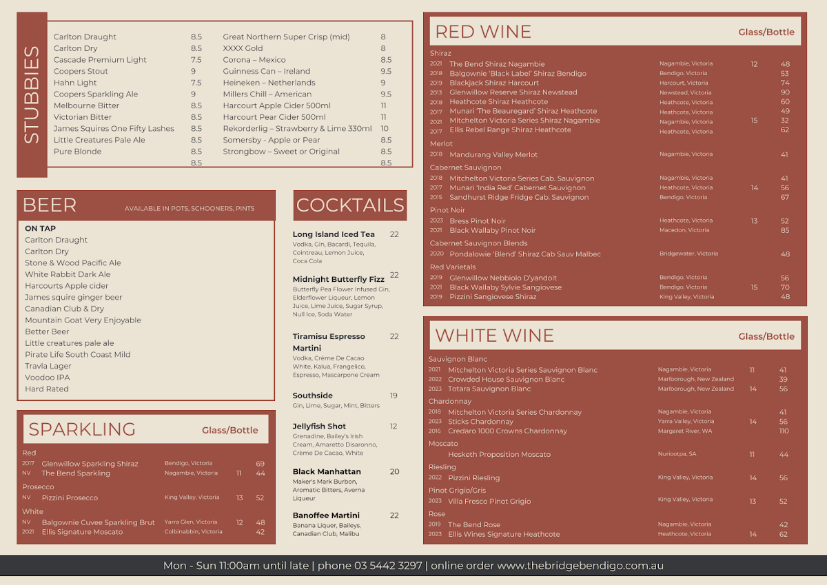 Menu, The Bridge Hotel Bendigo