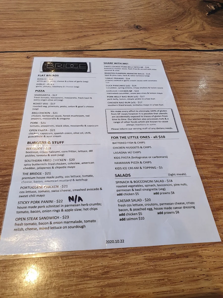 Menu, The Bridge Hotel Bendigo