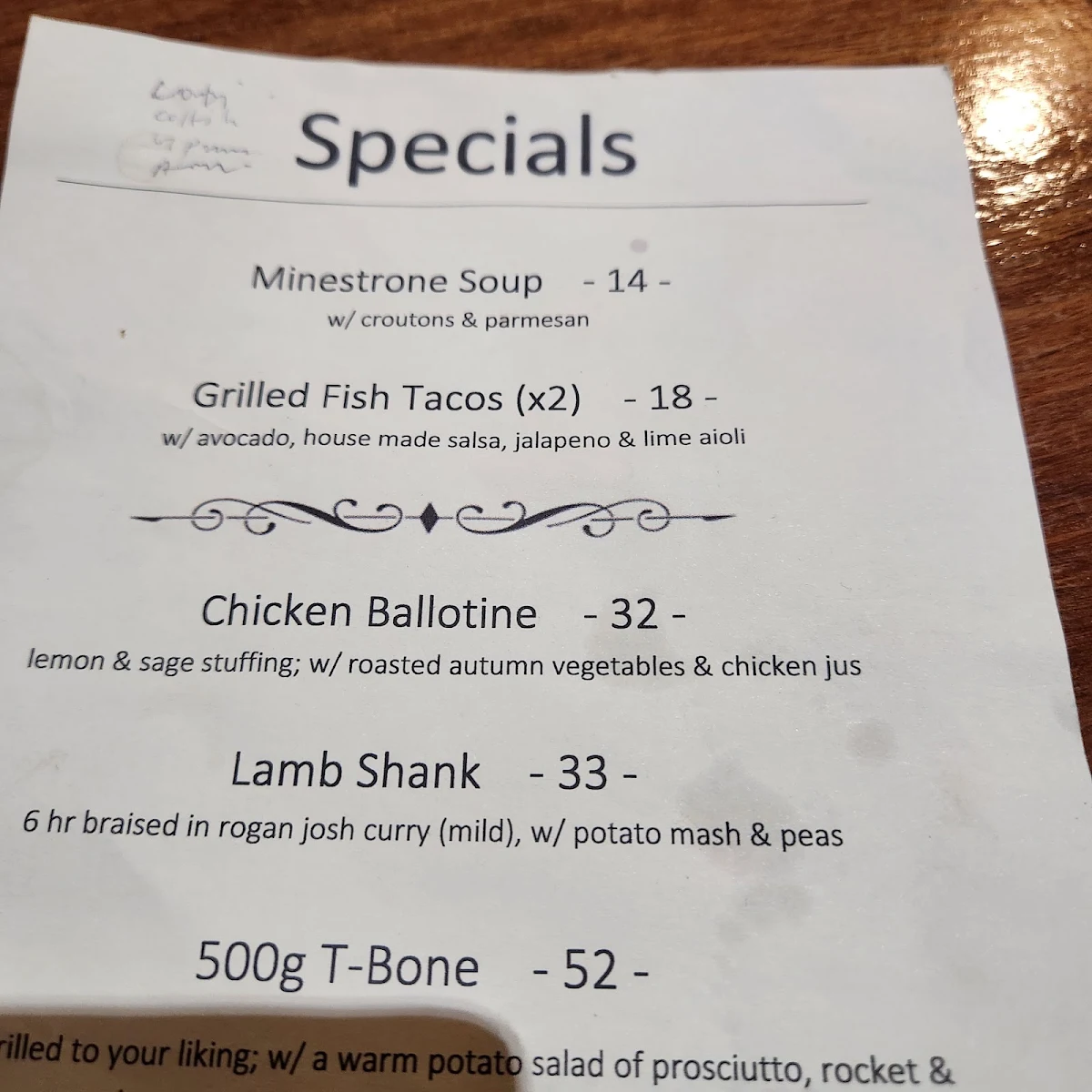 Menu, The Bridge Hotel Bendigo