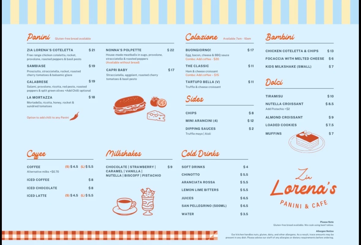 Menu, Zia Lorena’s