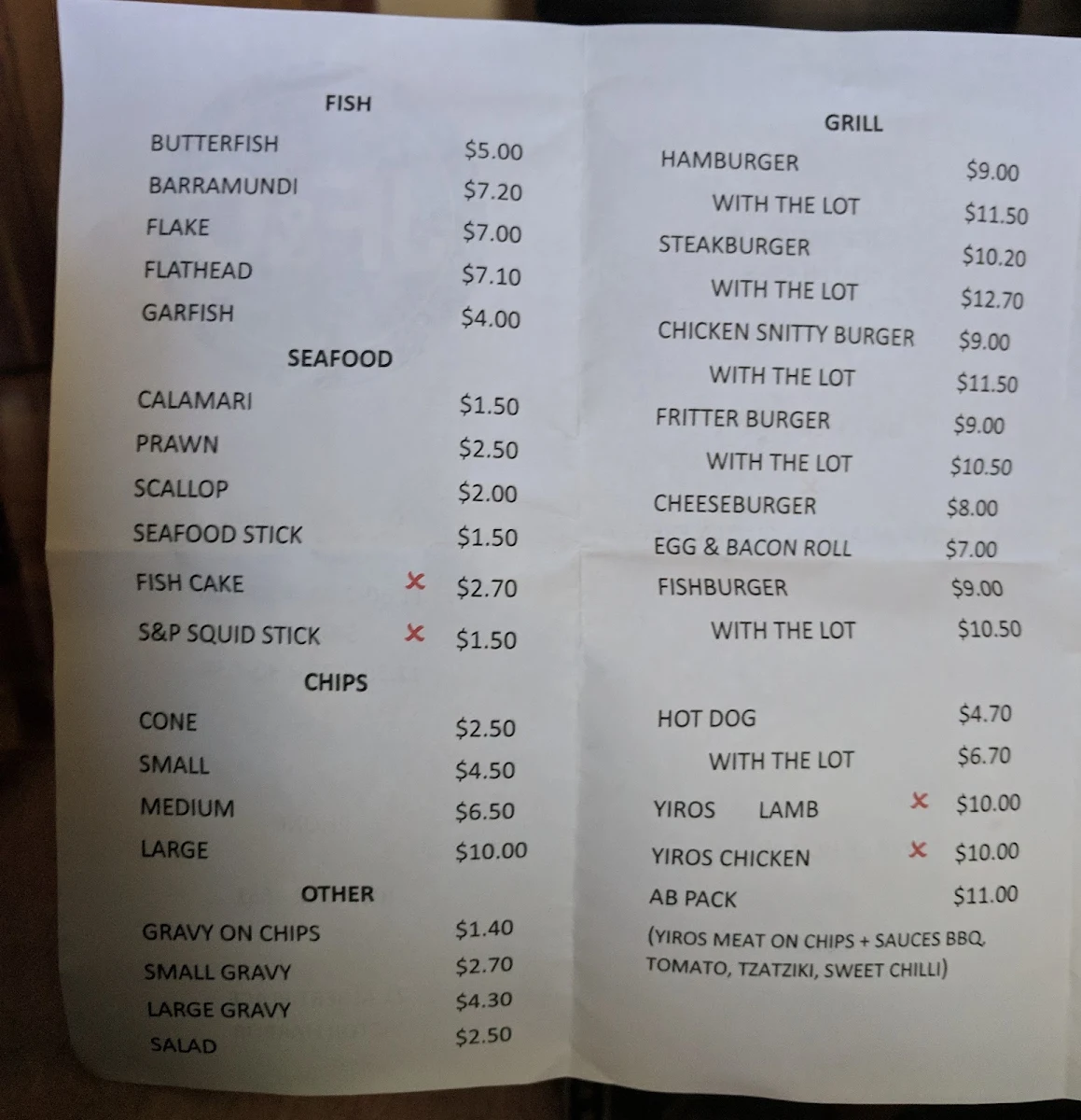 Menu, J F & C