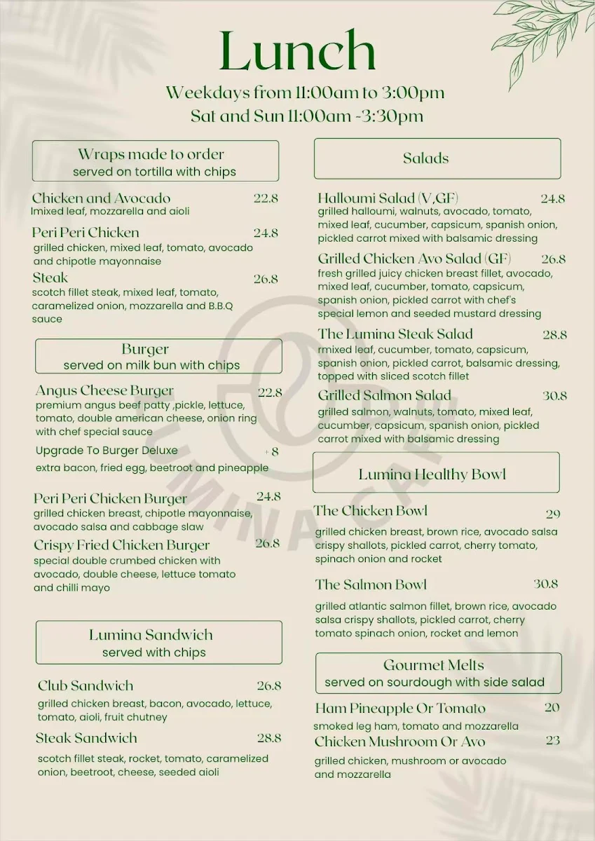 Menu, Lumina Cafe Castle towers