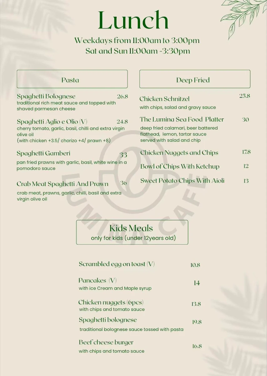 Menu, Lumina Cafe Castle towers