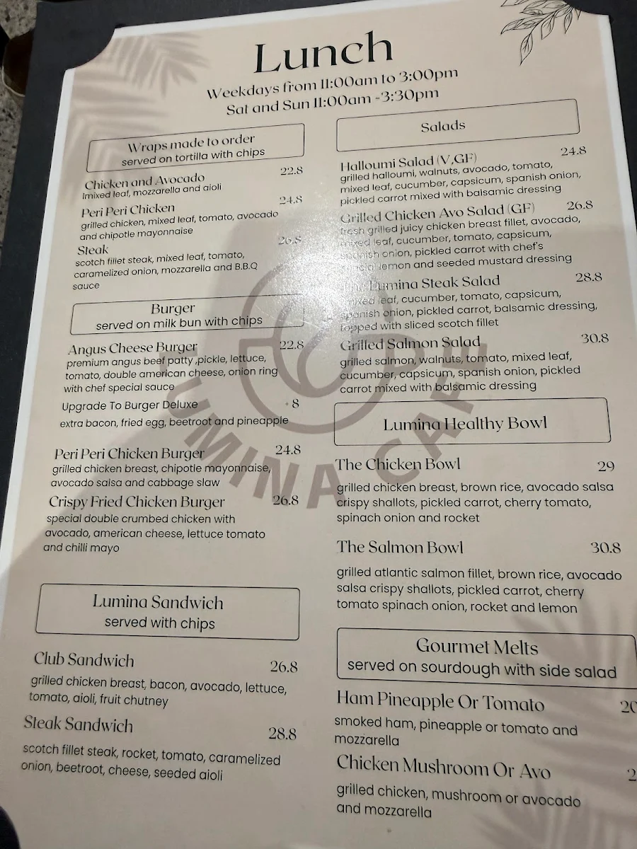 Menu, Lumina Cafe Castle towers