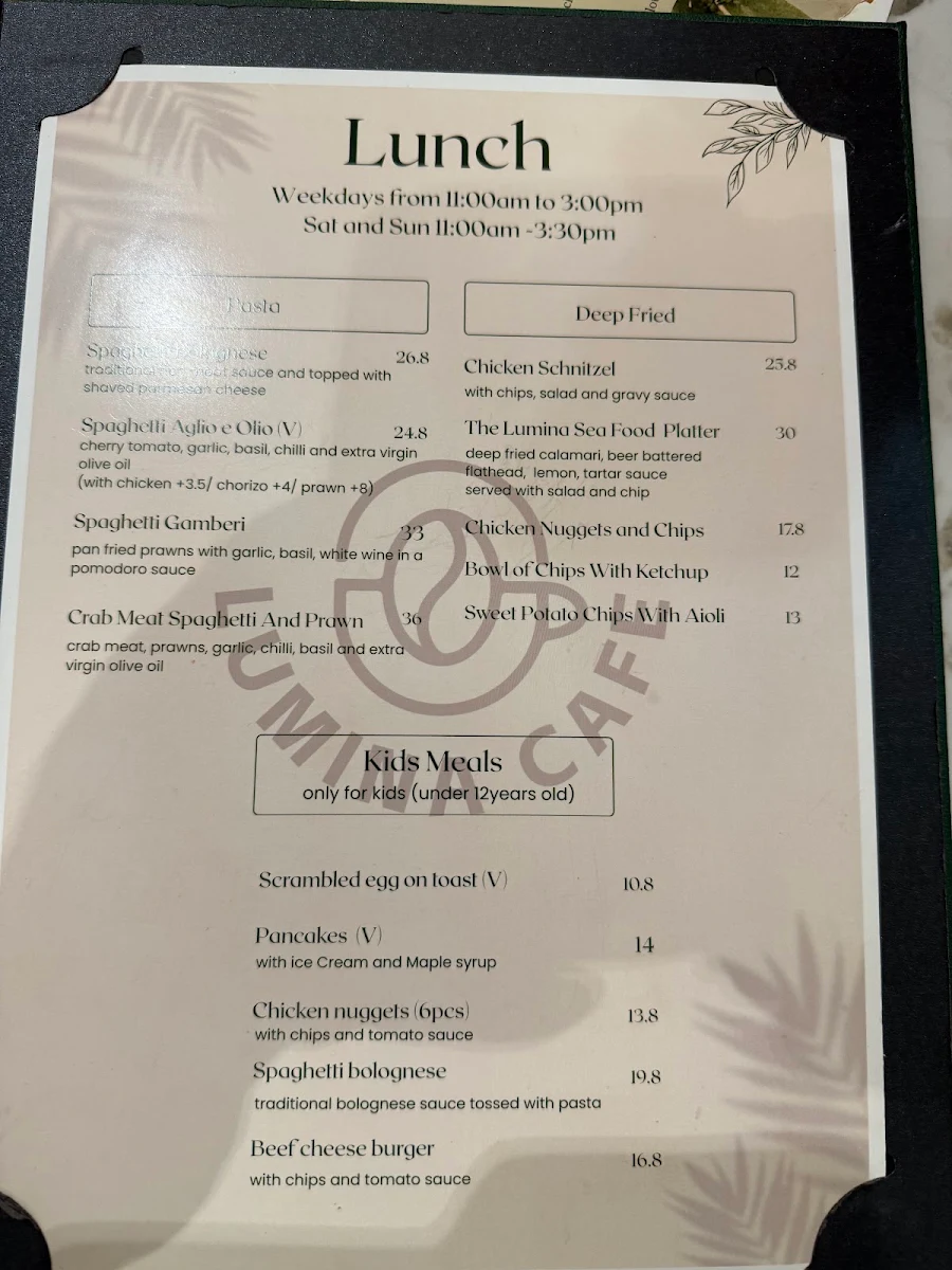 Menu, Lumina Cafe Castle towers
