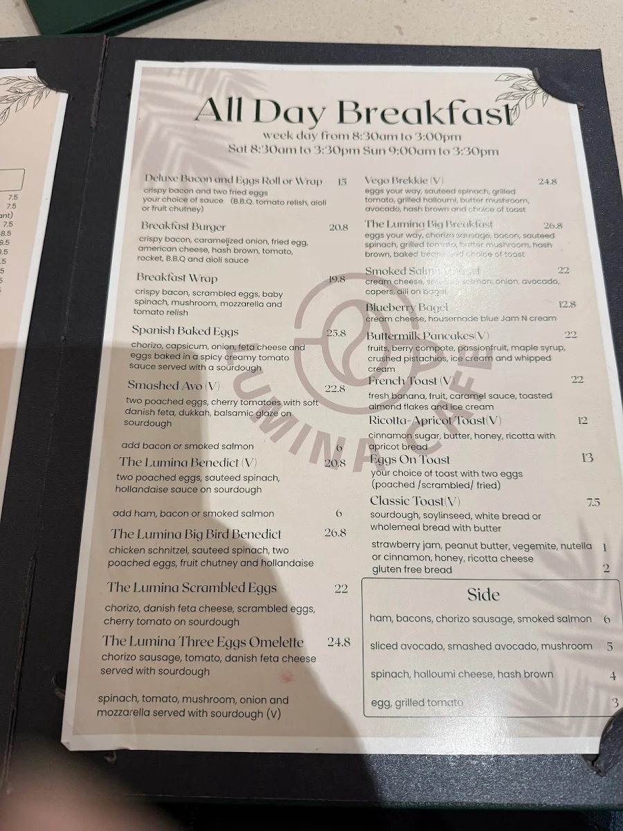 Menu, Lumina Cafe Castle towers