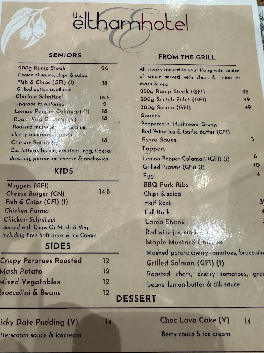 Menu, Eltham Hotel