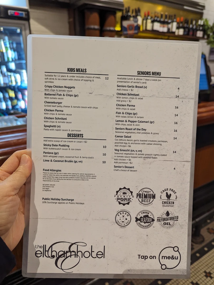 Menu, Eltham Hotel