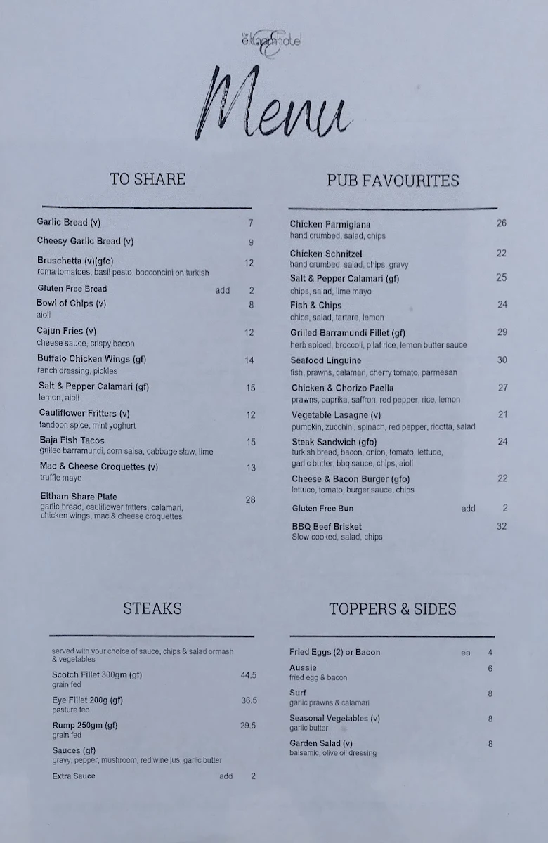 Menu, Eltham Hotel
