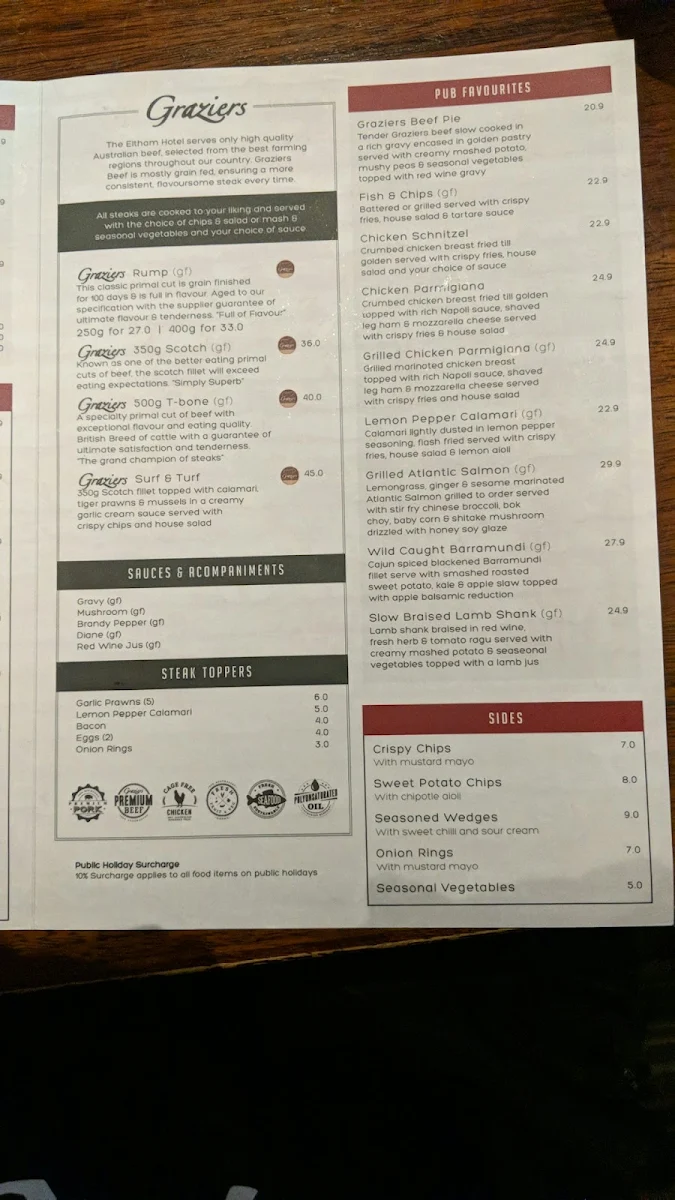 Menu, Eltham Hotel
