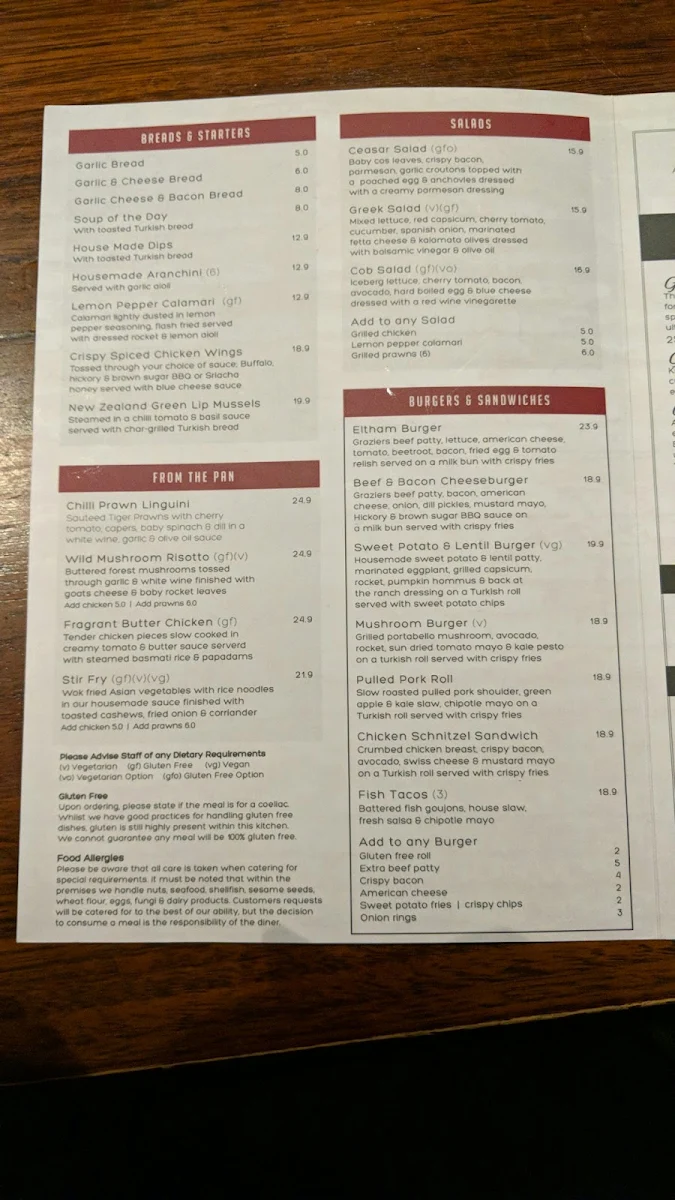 Menu, Eltham Hotel