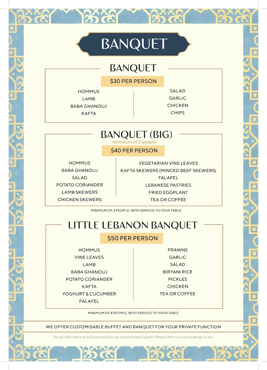 Menu, Little Lebanon Restaurant