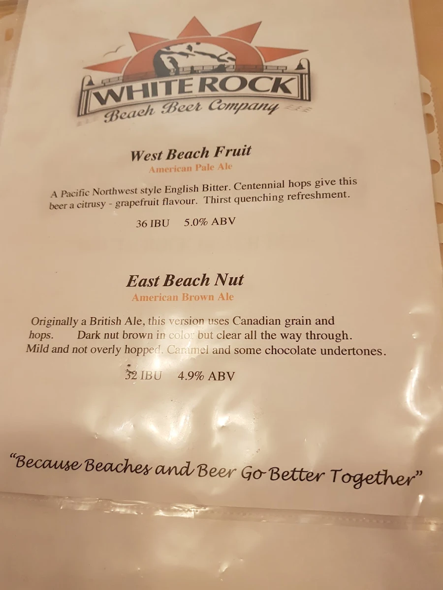 Menu, White Rock Beach Beer Company
