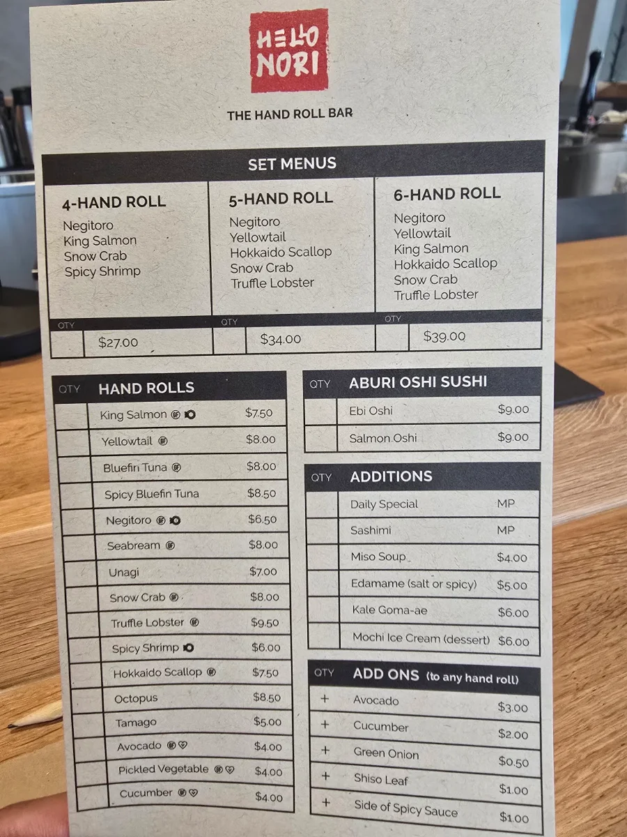 Menu, Hello Nori - Richmond