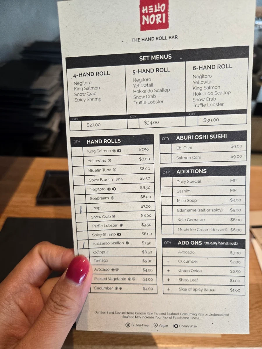 Menu, Hello Nori - Richmond