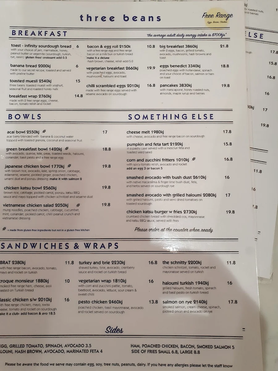 Menu, Three Beans Macquarie Centre
