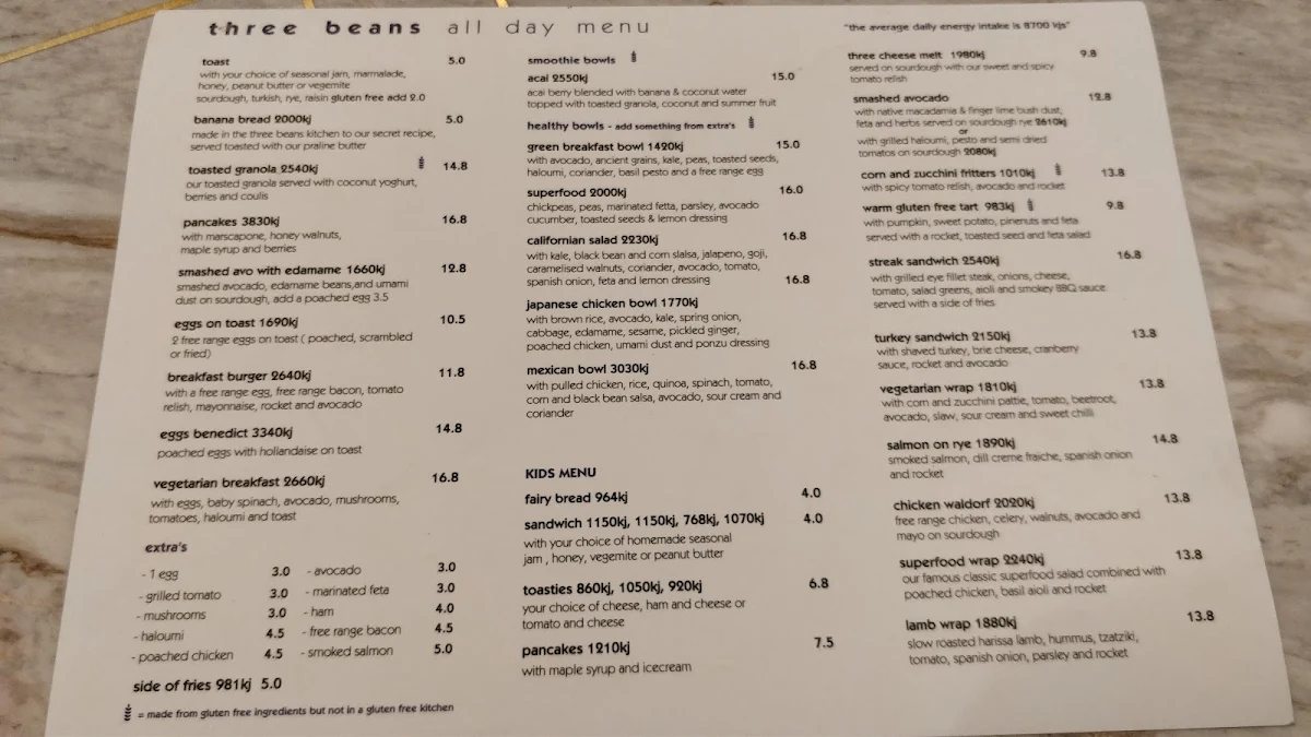 Menu, Three Beans Macquarie Centre