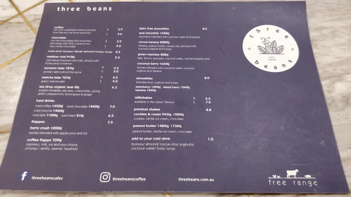 Menu, Three Beans Macquarie Centre