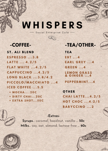 Menu, Whispers Social Enterprise Cafe