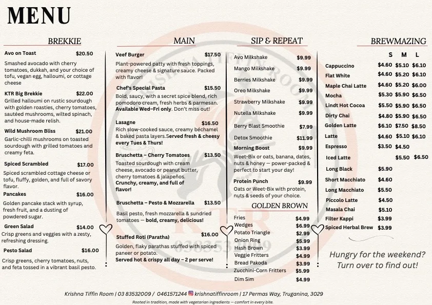 Menu, Krishna Tiffin Room