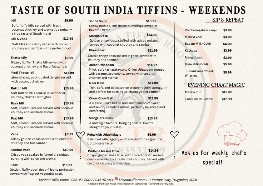 Menu, Krishna Tiffin Room